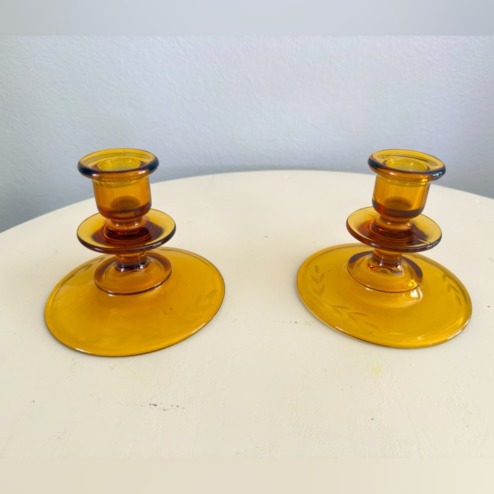 2- vintage Amber etched Glass Candle Holders